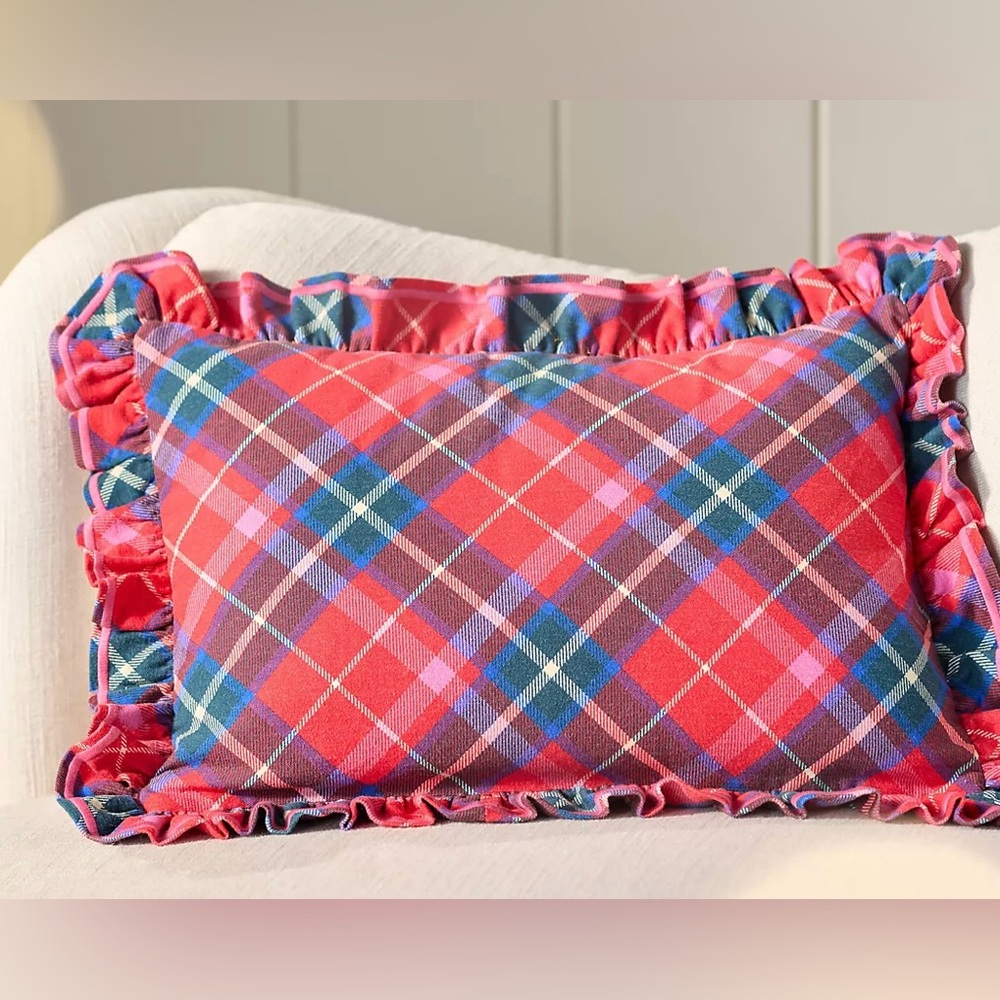 Anthropologie Tartan Cotton Embroidered Ruffle Pillow
